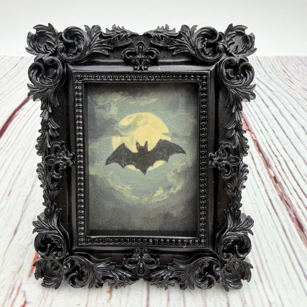 Gothic Bat Art Print Decoupaged Ornate Black Resin Frame Miniature Spooky Decor